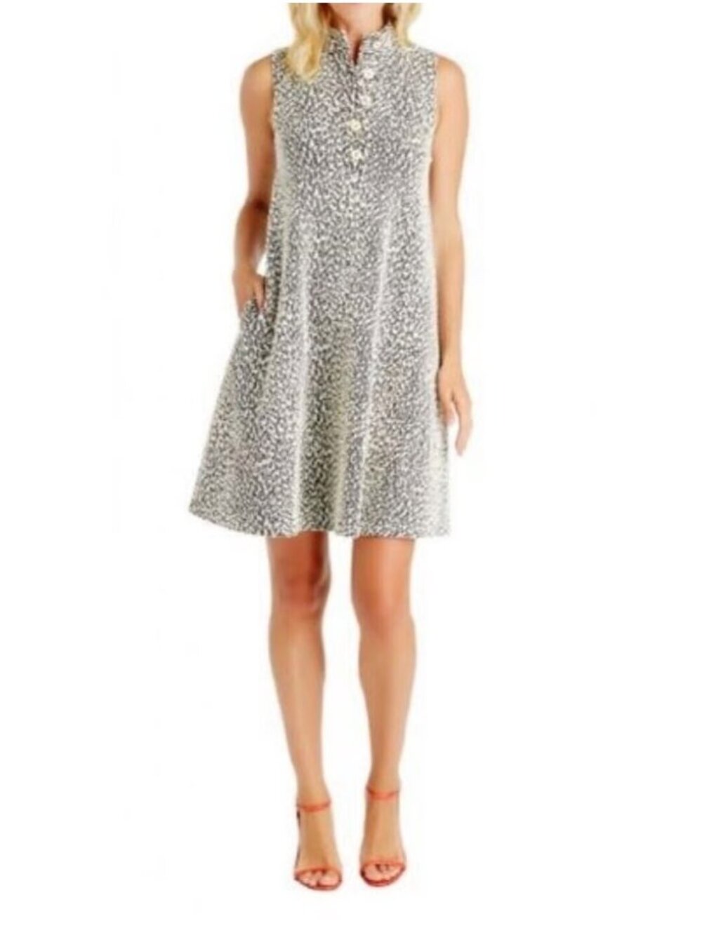 J MCLAUGHLIN XL Swing Dress Black Ivory Jacquard Leopard Print Mock Neck Mod EUC